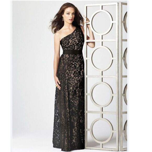 Dessy Collection maxi dress lace gown black cappuccino size 2 Style 2850BL - Picture 1 of 11
